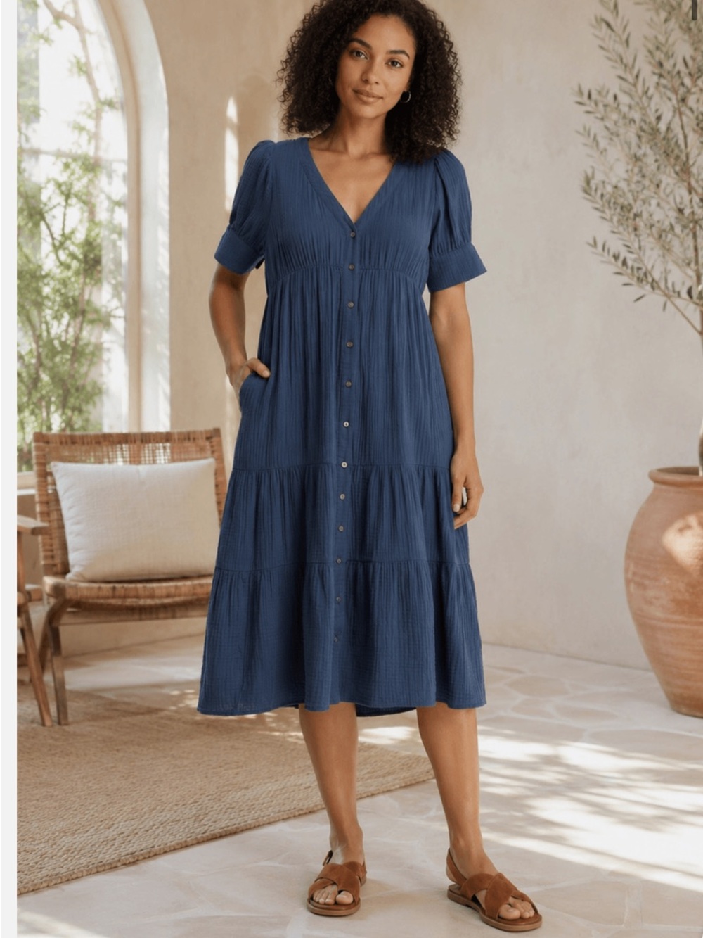 Madewell Womens Blue Cotton Lightspun Button-Front Tiered Midi Dress 12